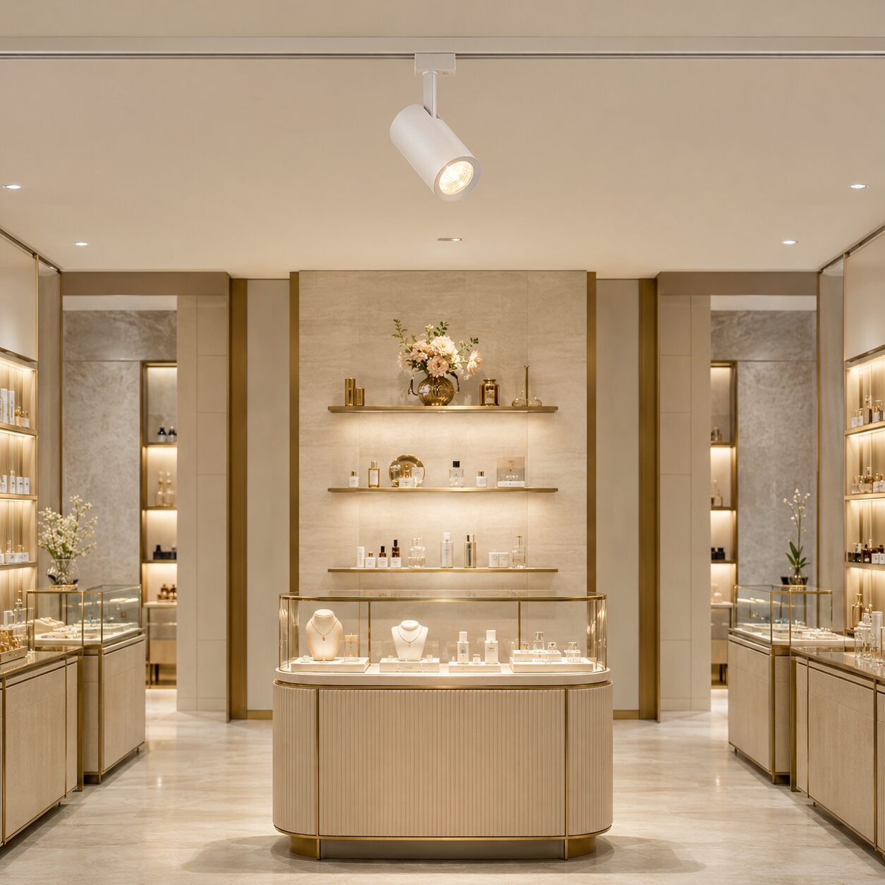 Iluminat premium într-un showroom de bijuterii și cosmetice