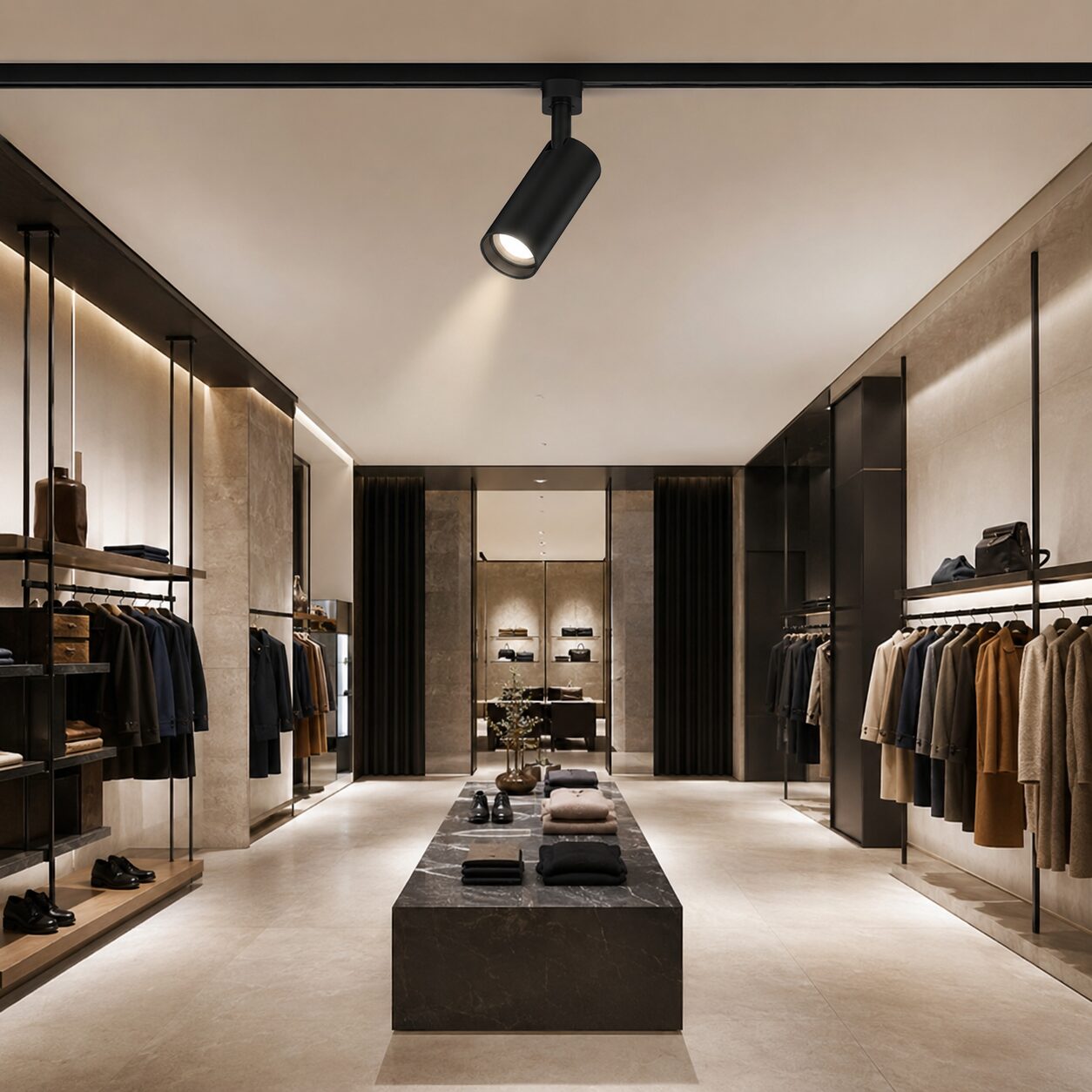 Iluminat cu spot pe șină într-un boutique de modă