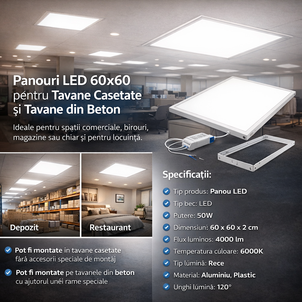 Panou LED 60 x 60 x 2 cm, Lumina Rece 6000K, Aluminiu, 50W, Alb