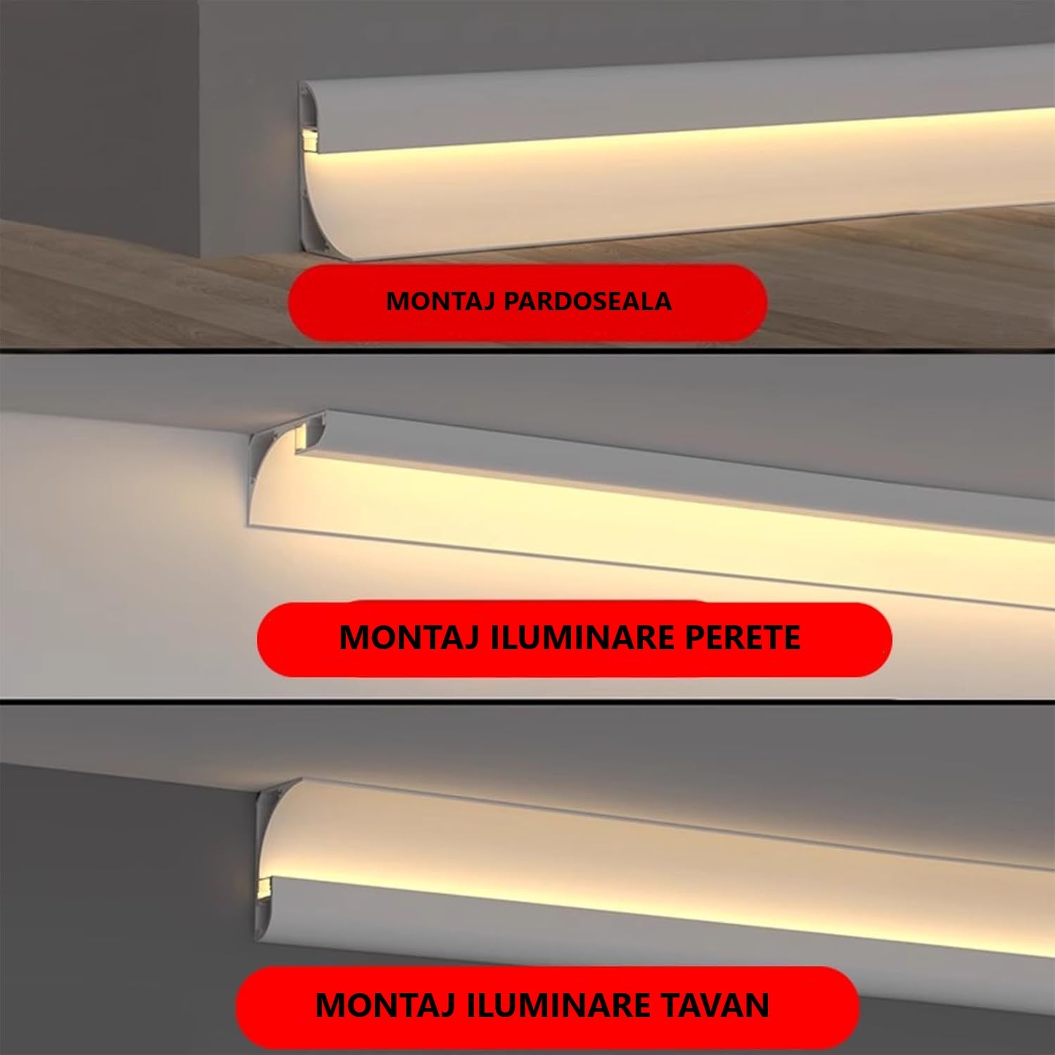 Profil LED Aplicat Tip Scafa Sau Plinta, Lungime 3m, Material Aluminiu, Alb